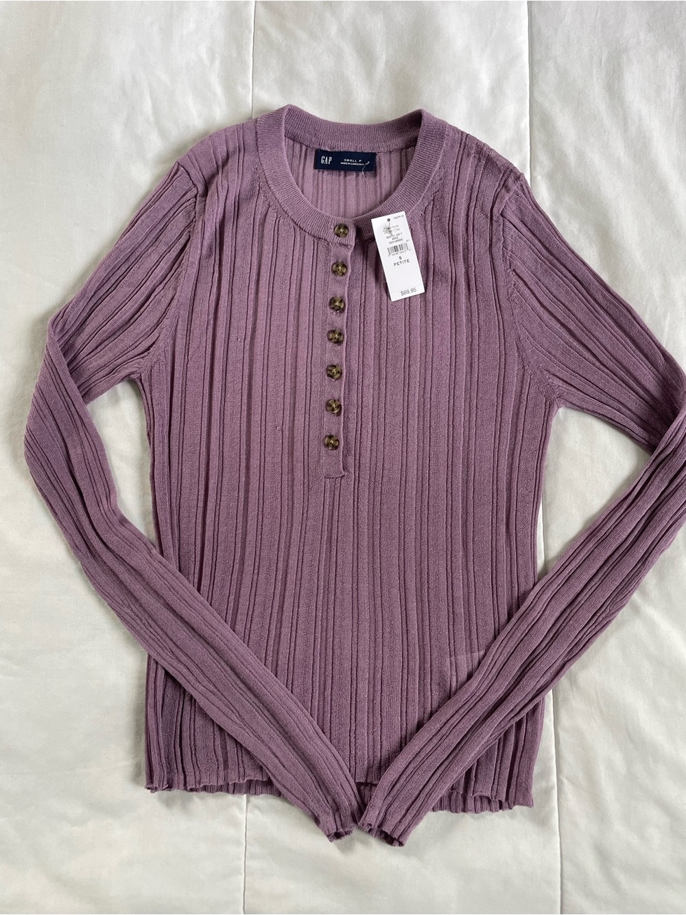 GAP Women's Dusty Lilac Ribbed Henley Long Sleeve Top